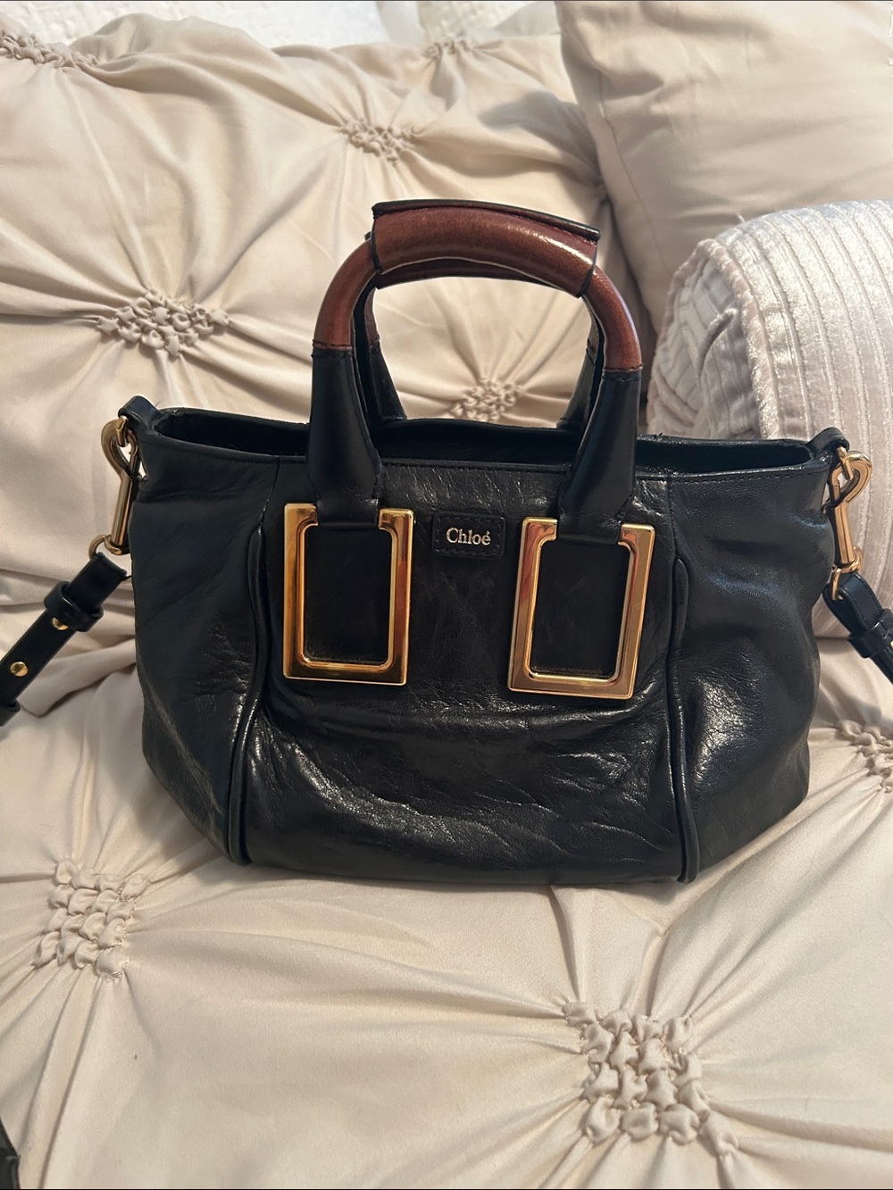 Chloé Black Leather lambskin Satchel with Brown Top Handles Rare